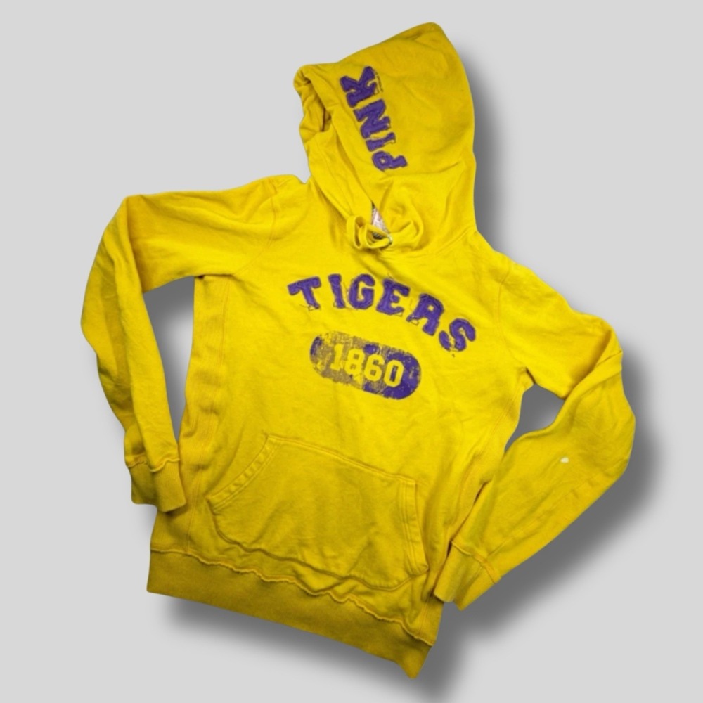 PINK Victoria Secret LSU Tigers Hoodie Womens M Yellow Chenille 1860 Y2K